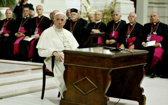 Pope Francis leads a meeting with priests, seminarians and religious at the cathedral in Palermo, Sicily, Sept. 15. (CNS/Paul Haring)