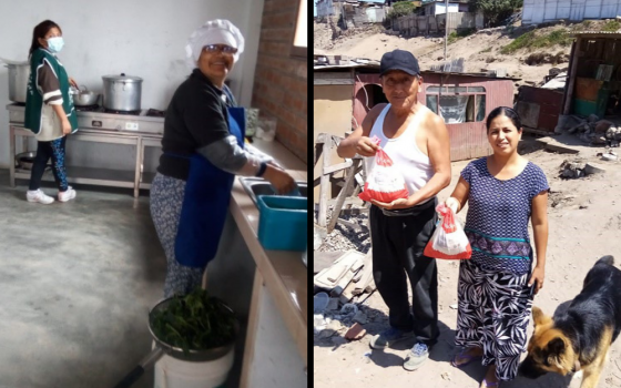 At left, women prepare meals for people in need in the convent kitchen of the Franciscans Missionaries of Mary; at right, a family receives food items during a lockdown for COVID-19. (Marian Champika Hanzege)