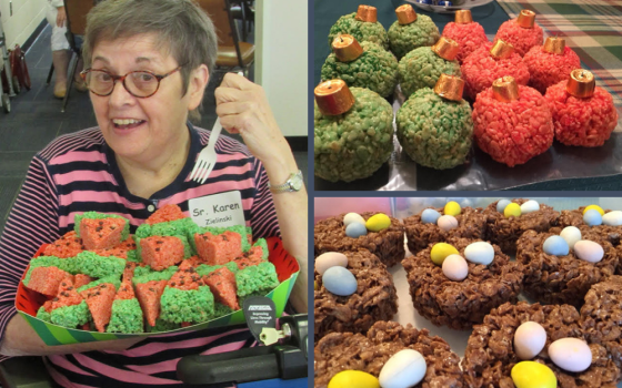 Sr. Karen Zielinski is pictured with her Rice Krispies Treats. Over the last ten years, she has evolved her treats with a variety of designs and concoctions, such as watermelon slices, Christmas ornaments and bird's nests. (Courtesy of Karen Zielinski)