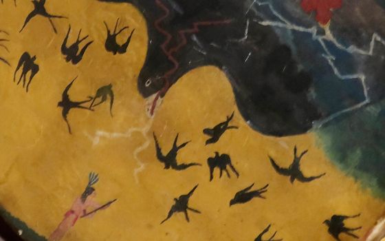Detail of art on a Ghost Dance drum from the late 1890s, by Pawnee artist George Beaver (Wikimedia Commons/Wmpearl)