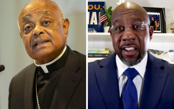 Cardinal Wilton Gregory and Sen.-elect Raphael Warnock are seen in this composite photo (NCR composite/CNS photos/Jaclyn Lippelmann, Catholic Standard; Warnock for Georgia, Social Media via Reuters)