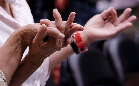 Catholics hold hands during a 2016 Mass in Sioux City, Iowa. (CNS/Catholic Globe/Jerry L. Mennenga)