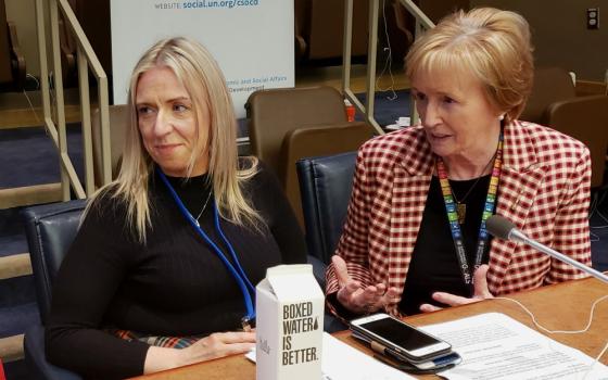 Irish Daughter of Wisdom Sr. Jean Quinn, executive director of UNANIMA, right, and Elizabeth Madden, who is Irish and last experienced homelessness 16 years ago, during United Nations meetings on homelessness and affordable housing. (GSR photo)