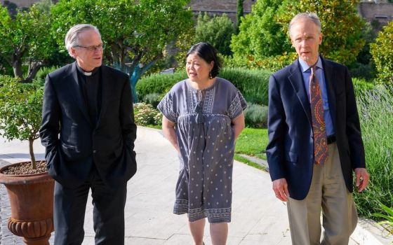 From left: Holy Cross Fr. John Jenkins, Carolyn Woo and Leo Burke in Rome for the June 2019 meeting with fossil fuel executives (University of Notre Dame/Matt Cashore)