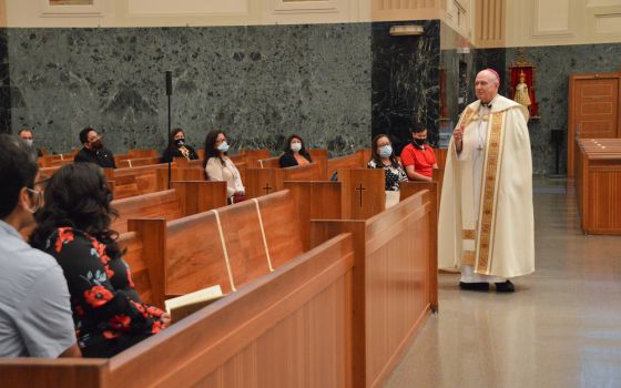 Bishop Richard Pates, the current apostolic administrator for the Diocese of Joliet, Illinois, speaks to the 24 chosen participants for the first cohort of the Latino Pastoral Leaders Initiative at a Sept. 15 prayer service in Joliet's St. Raymond Nonnatu