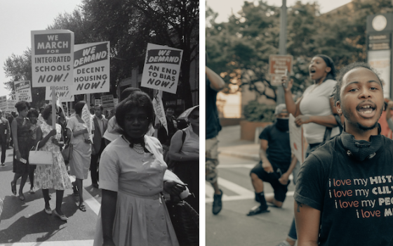 Left: People marching for civil rights in the 1960s; right: People demonstrating for civil rights in 2020 (Unsplash/Library of Congress and Clay Banks)