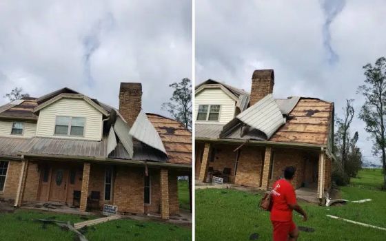 Sharon Lavigne inspects her storm-damaged home in St. James Parish, Louisiana, on Monday, Aug. 30, 2021. (DeSmog/Photos courtesy of RISE St. James)