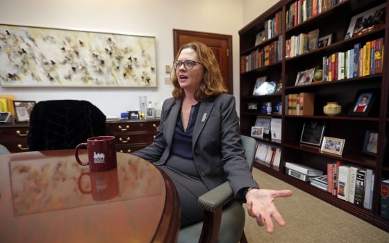 Loyola University New Orleans President Tania Tetlow speaks during an interview with the Associated Press in New Orleans. (AP Photo/Gerald Herbert, File)