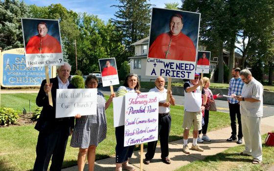 Parishioners demonstrate outside St. Andrew Church in Westwood, New Jersey, calling on the Newark Archdiocese to send a full-time pastor. (Courtesy of Mike Fitzsimmons)