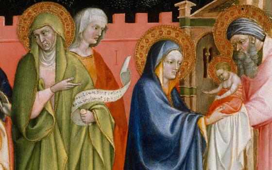 The prophetess Anna is depicted at left, holding a scroll, in this detail from the 15th-century painting "The Presentation in the Temple" by Alvaro Pirez. (Metropolitan Museum of Art)