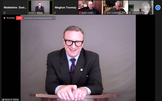 Steven P. Millies, center, speaks during the virtual 2020 Pierre Teilhard de Chardin, S.J. Lecture hosted by the Loyola University Chicago Oct. 29. 