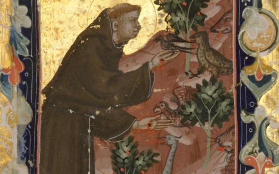 Detail of tempera and gold on parchment "Manuscript Leaf with Scenes from the Life of Saint Francis of Assisi," circa 1320-42, made in Bologna, Italy, for Hungarian use (Metropolitan Museum of Art/Gift of Mr. and Mrs. Edwin L. Weisl Jr., 1994)