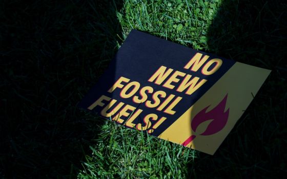 A sign protesting fossil fuels is seen on the lawn outside of the U.S. Capitol during a protest in Washington Oct. 18, 2019. (CNS/Reuters/Sarah Silbiger)