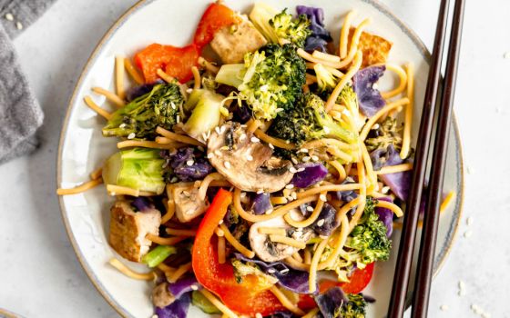 A mixture of spaghetti noodles, tofu and vegetables, the dish is flavorful and packed with veggies. (At Elizabeth's Table/Elizabeth Varga)