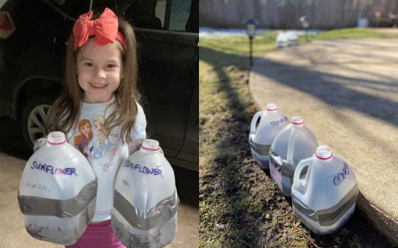 Left: Dan's 4-year-old helps to plant their milk jug native plant garden. Right: Milk jug gardens planted and situated along the pavement. (Photos courtesy of Dan Masterton)