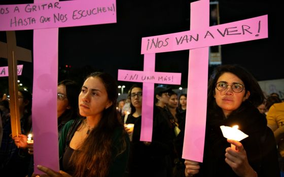 Demonstrators protest femicide and violence against women, in Mexico City Nov. 25, 2019, on the International Day for the Elimination of Violence Against Women. (Newscom/Sipa USA/Benedicte Desrus)