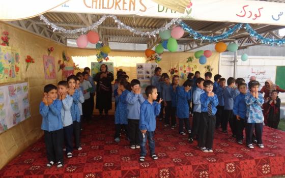 Children of Pro Bambini di Kabul, a school for children with disabilities in Kabul, Afghanistan, present a dance program in 2015.