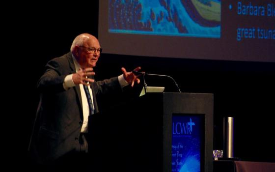 Society of the Divine Word Fr. Stephen Bevans delivers a keynote address to Leadership Conference of Women Religious members in Houston Thursday morning. (GSR/Dan Stockman)
