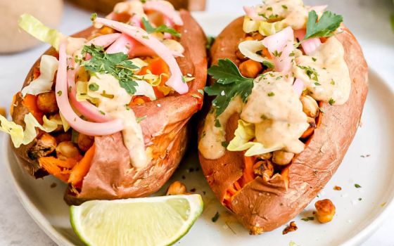 These stuffed sweet potatoes are fun to make and easy to customize for different preferences. (At Elizabeth's Table/Elizabeth Varga)