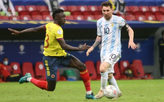 D. Sanchez of Colombia, left, and Lionel Messi of Argentina during the Copa América 2021 July 6 semi-final football match between Argentina and Colombia at Estadio Nacional Mane Garrincha in Brasilia, Brazil. (Newscom/ZUMA Press/Panoramic)  