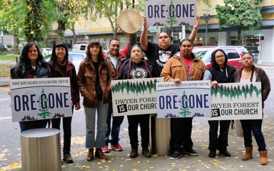 Activists demonstrate during a Slockish v. U.S. Department of Transportation hearing. (RNS Photo/Courtesy of the Becket Fund for Religious Liberty)