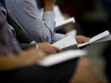 People listen to Catholic scholars release a statement reaffirming Blessed Paul VI's 1968 "Humanae Vitae" encyclical on human sexuality at The Catholic University of America in Washington Sept. 20. (CNS/Tyler Orsburn)