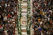 Bishops walk in procession as they arrive for the concluding Mass of the Synod of Bishops for the Amazon celebrated by Pope Francis at the Vatican Oct. 27. (CNS/Paul Haring)