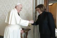 Pope Francis greets U.S. House Speaker Nancy Pelosi, D-Calif., during a private audience at the Vatican Oct. 9, 2021. (CNS/Vatican Media)