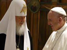 Russian Orthodox Patriarch Kirill of Moscow and Pope Francis smile during a meeting at Jose Marti International Airport in Havana in this Feb. 12, 2016, photo. (CNS/Paul Haring)