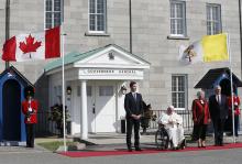 Pope Francis attends a welcoming ceremony with Canadian Prime Minister Justin Trudeau and Mary Simon, governor general, at Citadelle de Quebec, the residence of the governor general, in Quebec City July 27. (CNS/Paul Haring)