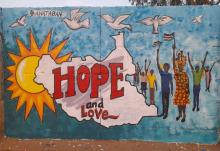 A mural welcomes Pope Francis and other church leaders coming to South Sudan for a historic ecumenical visit. The mural was created during the Jan. 28 and Jan. 31 Youth Peace Pilgrimages, held in the capital of Juba. (Courtesy of Sant'Egidio/Elizabeth Boyle)