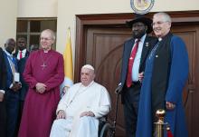 Anglican Archbishop Justin Welby, Pope Francis, President Salva Kiir and the Rev. Iain Greenshields, moderator of the Presbyterian Church of Scotland, are pictured outside the presidential palace after the pope's arrival Feb. 3 in Juba, South Sudan. (CNS/Paul Haring)