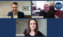 NCR Vatican correspondent Christopher White; Kate McElwee, executive director of the Women's Ordination Conference and Bishop John Stowe of Lexington, Kentucky, in a livestream event held March 14. (NCR screenshot/YouTube)