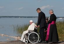 Pope Francis visits the lake as he participates in the Lac Ste. Anne pilgrimage and Liturgy of the Word July 26, 2022, in Lac Ste. Anne, Alberta. (CNS/Paul Haring)