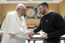 Pope Francis and Ukrainian President Volodymyr Zelenskyy shake hands after their meeting at the Vatican May 13, 2023. (CNS photo/Vatican Media)