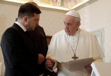 Ukrainian President Volodymyr Zelenskyy is pictured with Pope Francis during a private audience at the Vatican in this Feb. 8, 2020, file photo. (CNS/Gregorio Borgia, Reuters pool)