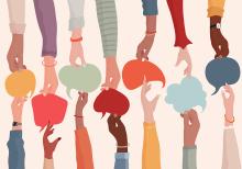 Illustration of diverse hands reaching to each other, sharing speech bubbles (Dreamstime/melitas)