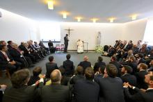 Pope Francis meets with about 90 Jesuits at their St. John de Brito College in Lisbon, Portugal, Aug. 5, 2023. (CNS photo/Vatican Media)