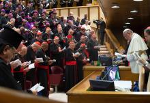 Pope Francis participates in morning prayer during a session of the Synod of Bishops on young people in this file photo from 2018. The first of two synods on synodality will convene in Rome on Oct. 4. (CNS/Vatican Media)