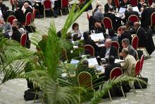 Members of the assembly of the Synod of Bishops, organized into 35 groups based on language, begin their small-group discussions Oct. 5 in the Paul VI Audience Hall at the Vatican. (CNS/Vatican Media)