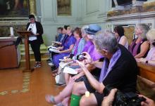 Participants in the Oct. 3 "Let Her Voice Carry" prayer vigil hosted by women's ordination advocates at Rome's Basilica of St. Praxedes. (NCR photo/Rhina Guidos)