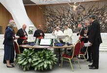 Pope Francis gives his blessing at the conclusion of the assembly of the Synod of Bishops' last working session Oct. 28, 2023, in the Paul VI Hall at the Vatican. (CNS/Vatican Media)