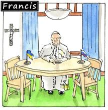 Pope Francis waits at a table with a Ukrainian flag and a Russian flag.