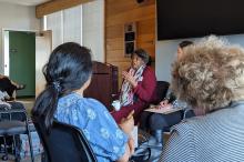 Cynthia Bailey Manns addresses attendees at the "Women & Synodality: Where Do We Go From Here?" event on May 4, 2024, at the Jesuit School of Theology of Santa Clara University in Berkeley. (Black Catholic Messenger/Nate Tinner-Williams)