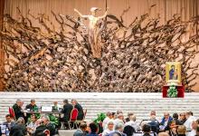 Pope Francis and members of the assembly of the Synod of Bishops gather for a working session in the Vatican's Paul VI Audience Hall Oct. 23, 2023. (CNS/Lola Gomez)