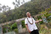 UN Secretary-General António Guterres visits an house that has been abandoned due to storm damage and flooding as a result of climate change during his trip to Samoa.(UN Photo/Kiara Worth)