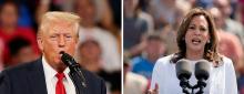 A combination photo shows Republican presidential nominee and former President Donald Trump speaking during a campaign rally in Atlanta Aug. 3, and Democratic presidential candidate Vice President Kamala Harris speaking during a campaign event in Eau Claire, Wisconsin, Aug. 7. (OSV News/Umit Bektas/Erica Dischino, Reuters)