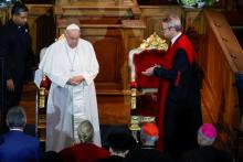 Pope Francis is welcomed to the Catholic University of Leuven in the city of Leuven, Belgium, Sept. 27, by Luc Sels, rector and vice-chancellor. Founded in 1425 with a decree by Pope Martin V, Leuven is the oldest Catholic university in the world. (CNS/Lola Gomez)