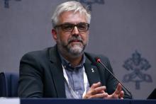 Belgian Deacon Geert De Cubber, a member of the Synod of Bishops on synodality, speaks during a news conference at the Vatican Oct. 9. He told reporters that delegates are discussing women deacons, even though the Vatican's doctrine chief has said that the time is not ripe to pursue women deacons. (CNS/Justin McLellan)