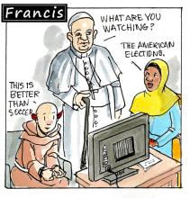 Francis, the comic strip: Brother Leo, Gabby and Francis discuss the importance of a free and fair election. 